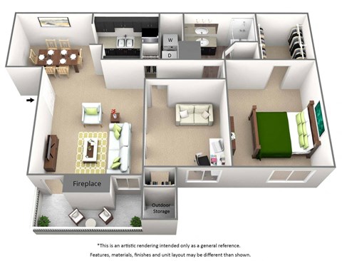 Floor plan for 1 bed, 1 bath, 871 sqft